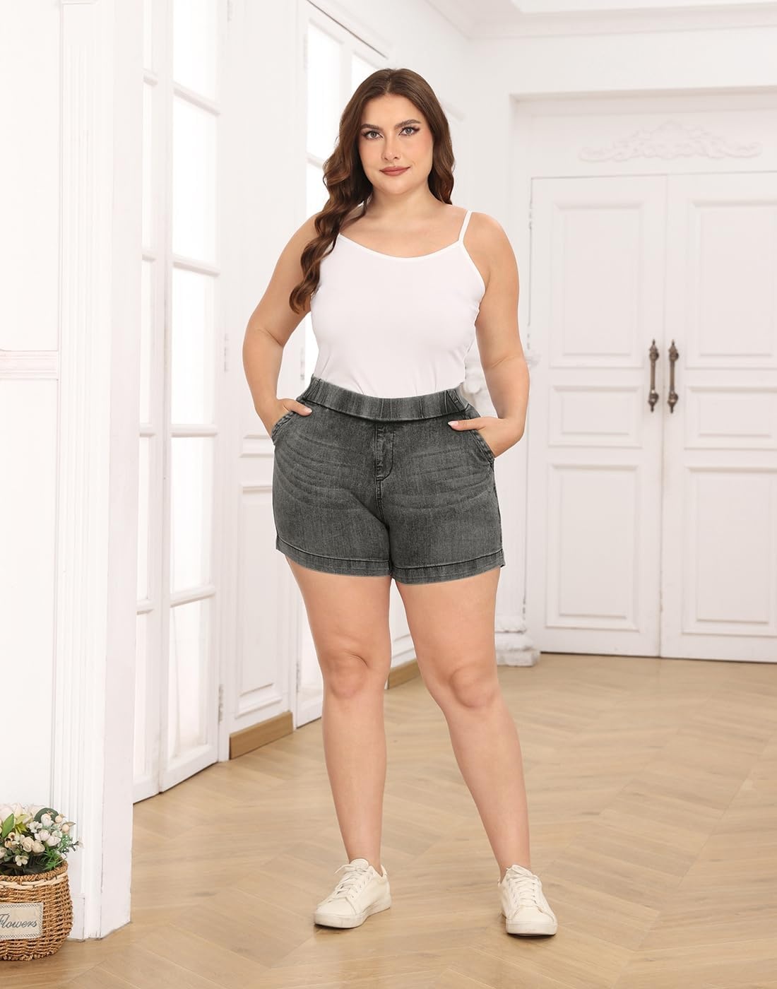 image:imageHDE Womens Plus Size High Waisted Jean Shorts 5 inch Inseam Clean Hem Comfort Waist Pull On Stretch Denim Shorts with PocketsBlack