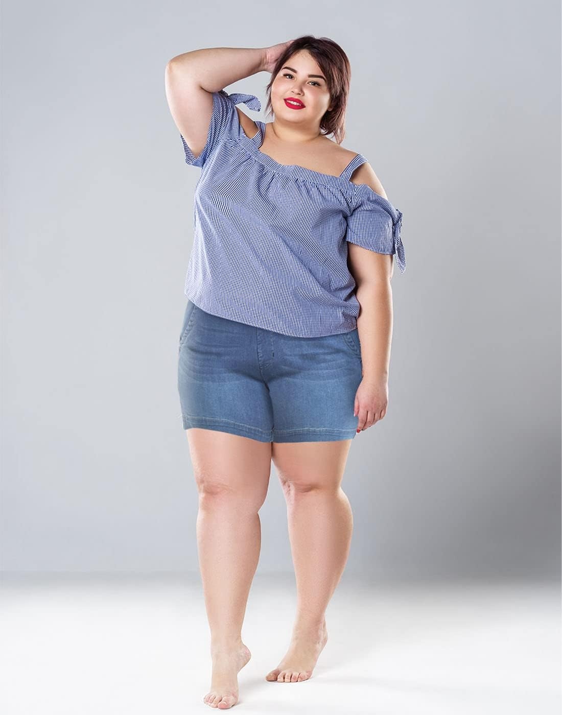 image:imageHDE Womens Plus Size High Waisted Jean Shorts 5 inch Inseam Clean Hem Comfort Waist Pull On Stretch Denim Shorts with PocketsBlue
