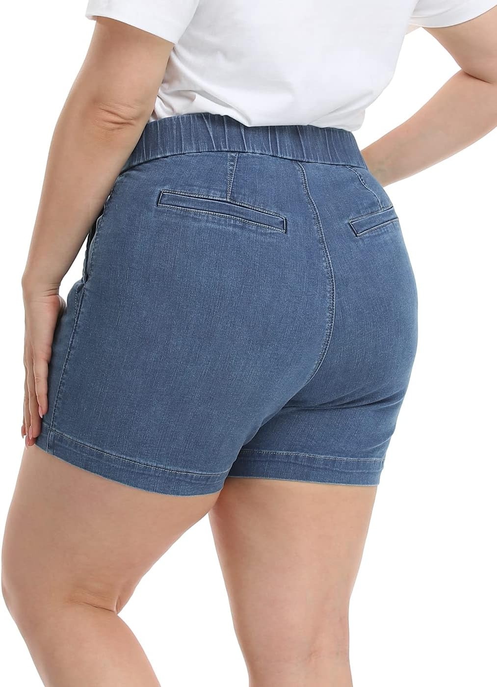 image:imageHDE Womens Plus Size High Waisted Jean Shorts 5 inch Inseam Clean Hem Comfort Waist Pull On Stretch Denim Shorts with PocketsBlue
