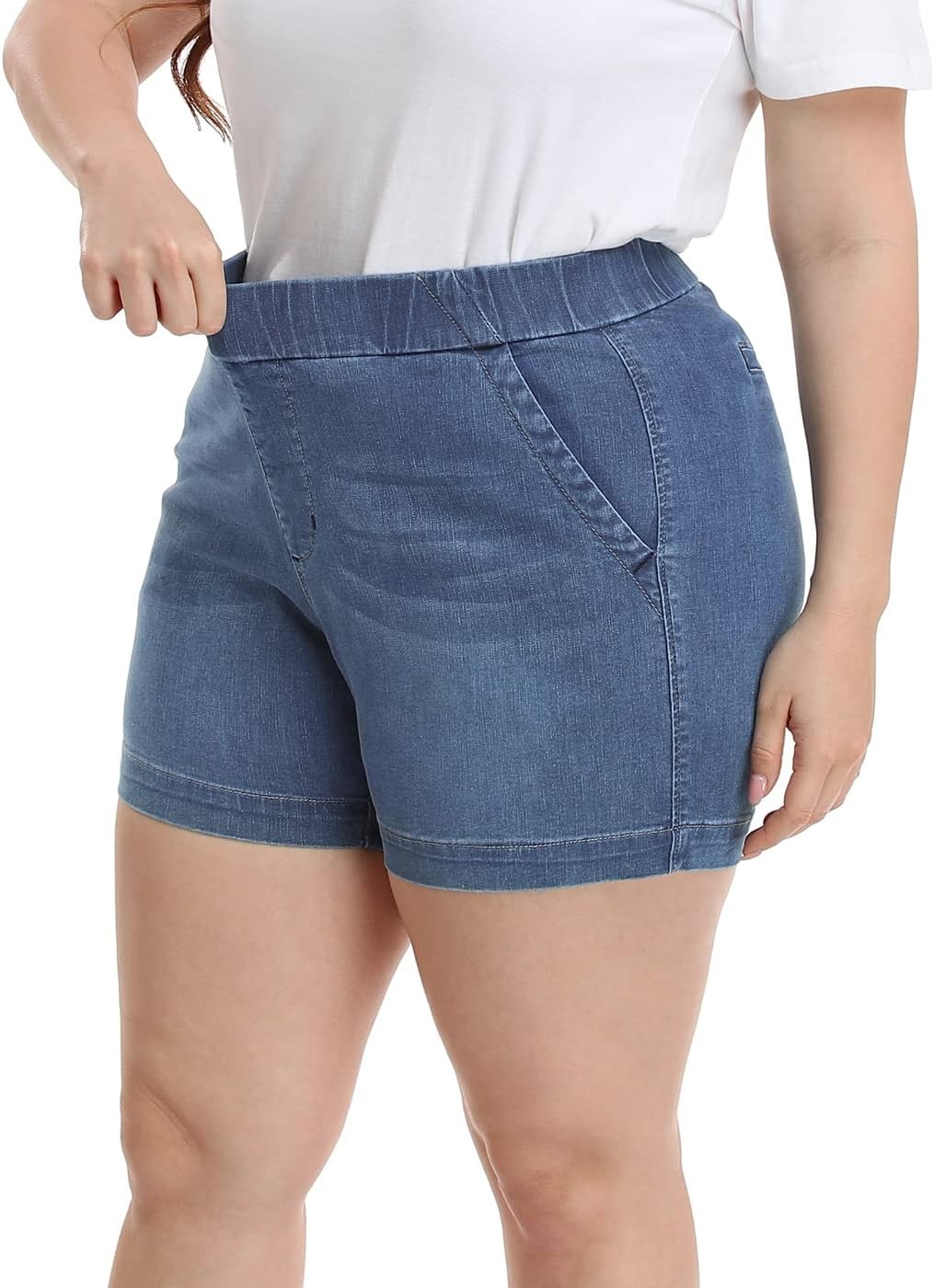 image:imageHDE Womens Plus Size High Waisted Jean Shorts 5 inch Inseam Clean Hem Comfort Waist Pull On Stretch Denim Shorts with PocketsBlue