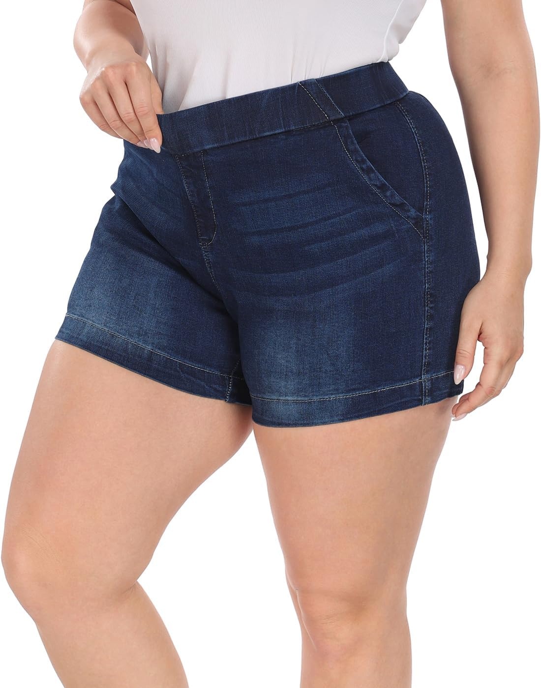 image:imageHDE Womens Plus Size High Waisted Jean Shorts 5 inch Inseam Clean Hem Comfort Waist Pull On Stretch Denim Shorts with PocketsDark Blue