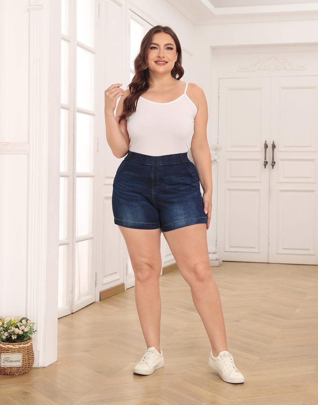 image:imageHDE Womens Plus Size High Waisted Jean Shorts 5 inch Inseam Clean Hem Comfort Waist Pull On Stretch Denim Shorts with PocketsDark Blue