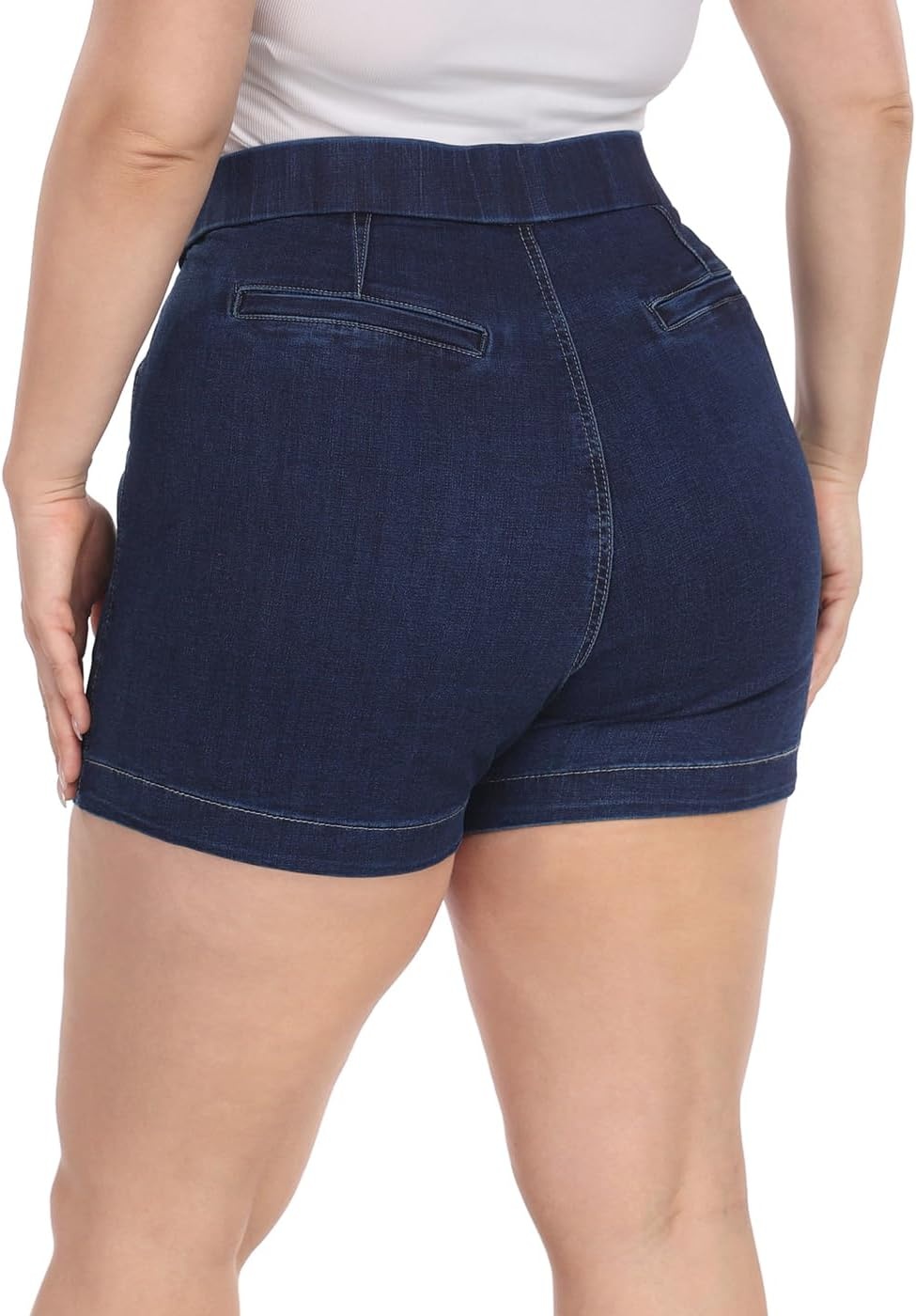 image:imageHDE Womens Plus Size High Waisted Jean Shorts 5 inch Inseam Clean Hem Comfort Waist Pull On Stretch Denim Shorts with PocketsDark Blue