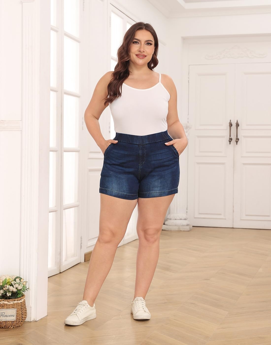 image:imageHDE Womens Plus Size High Waisted Jean Shorts 5 inch Inseam Clean Hem Comfort Waist Pull On Stretch Denim Shorts with PocketsDark Blue