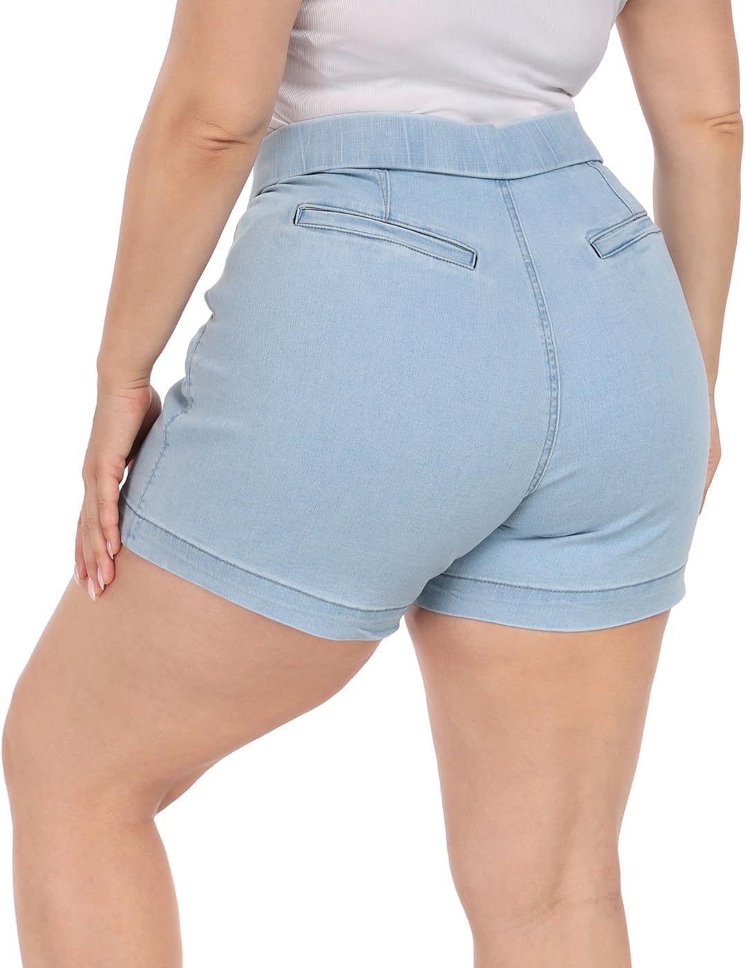 image:imageHDE Womens Plus Size High Waisted Jean Shorts 5 inch Inseam Clean Hem Comfort Waist Pull On Stretch Denim Shorts with PocketsLight Blue