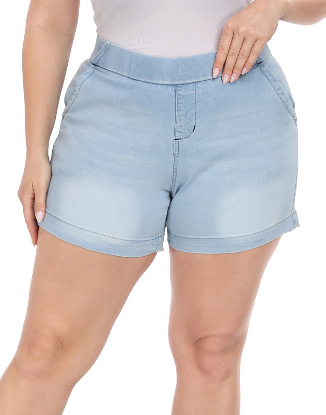 image:imageHDE Womens Plus Size High Waisted Jean Shorts 5 inch Inseam Clean Hem Comfort Waist Pull On Stretch Denim Shorts with PocketsLight Blue