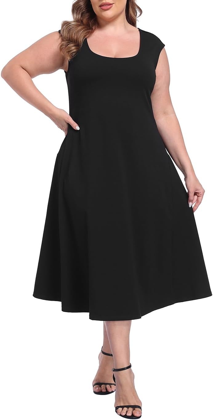 image:imageHDE Womens Plus Size Midi Summer Dress Fit and Flare Scoop Neck Cap Sleeve A Line Long Flowy Casual Vacation SundressesBlack