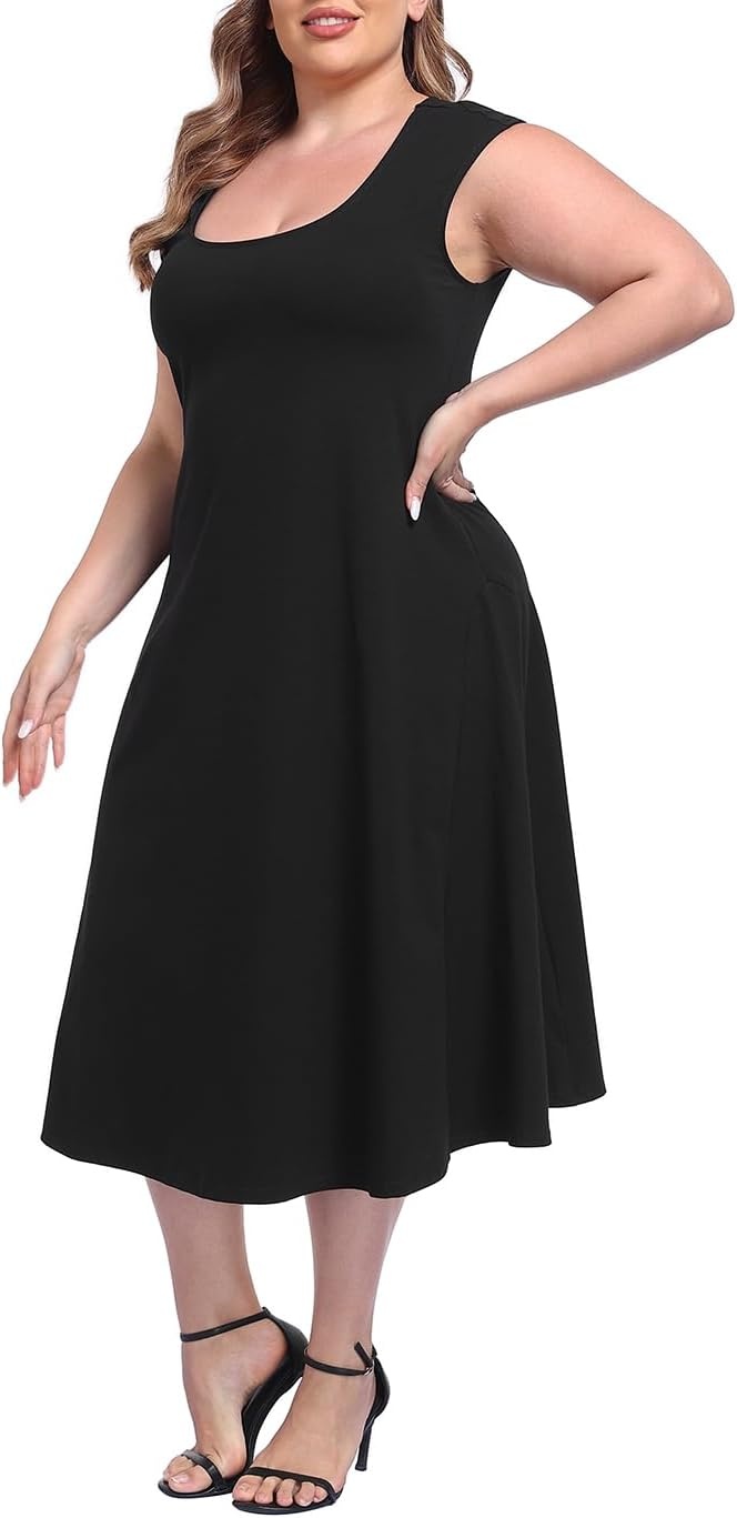 image:imageHDE Womens Plus Size Midi Summer Dress Fit and Flare Scoop Neck Cap Sleeve A Line Long Flowy Casual Vacation SundressesBlack