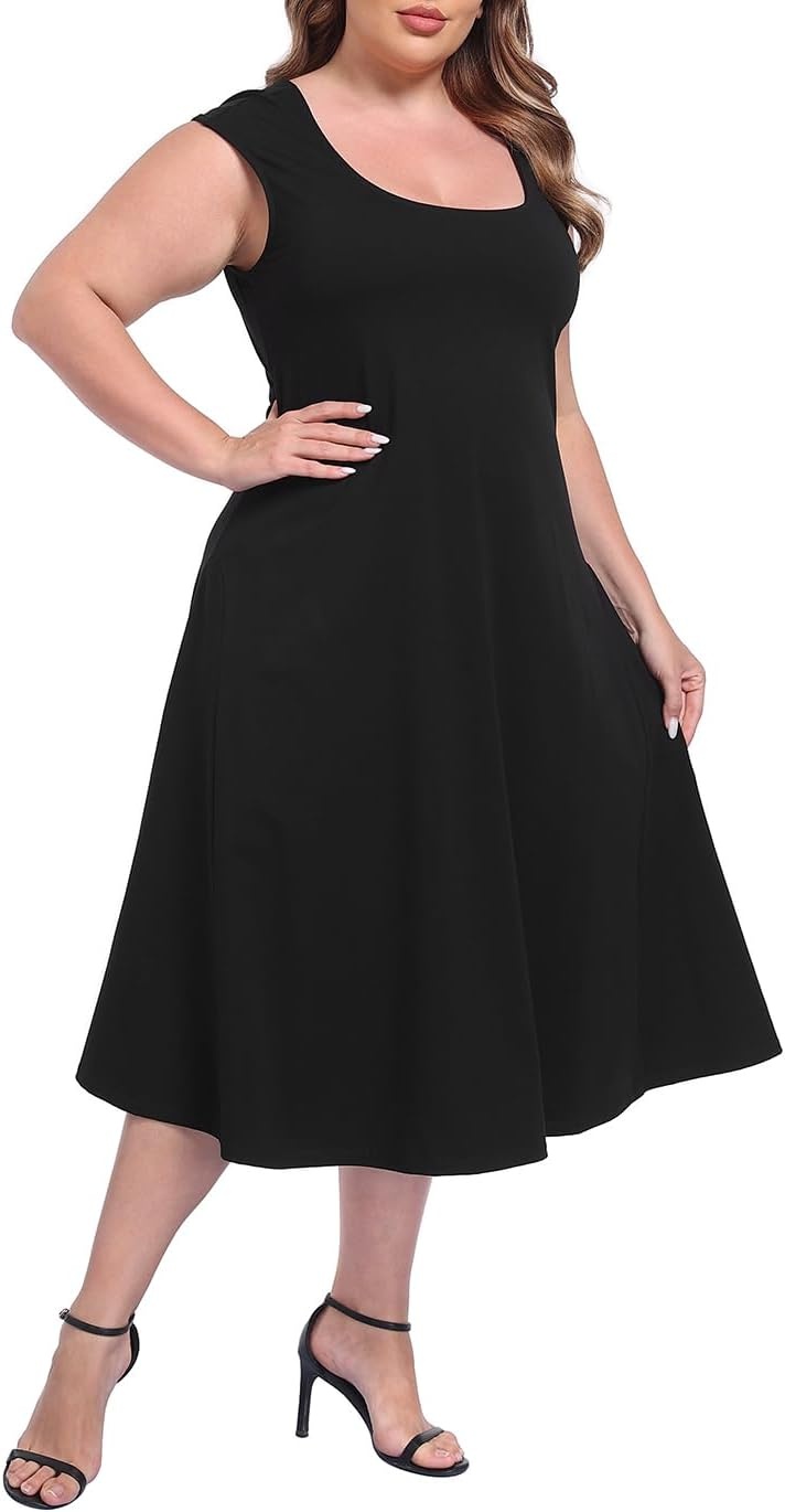image:imageHDE Womens Plus Size Midi Summer Dress Fit and Flare Scoop Neck Cap Sleeve A Line Long Flowy Casual Vacation SundressesBlack