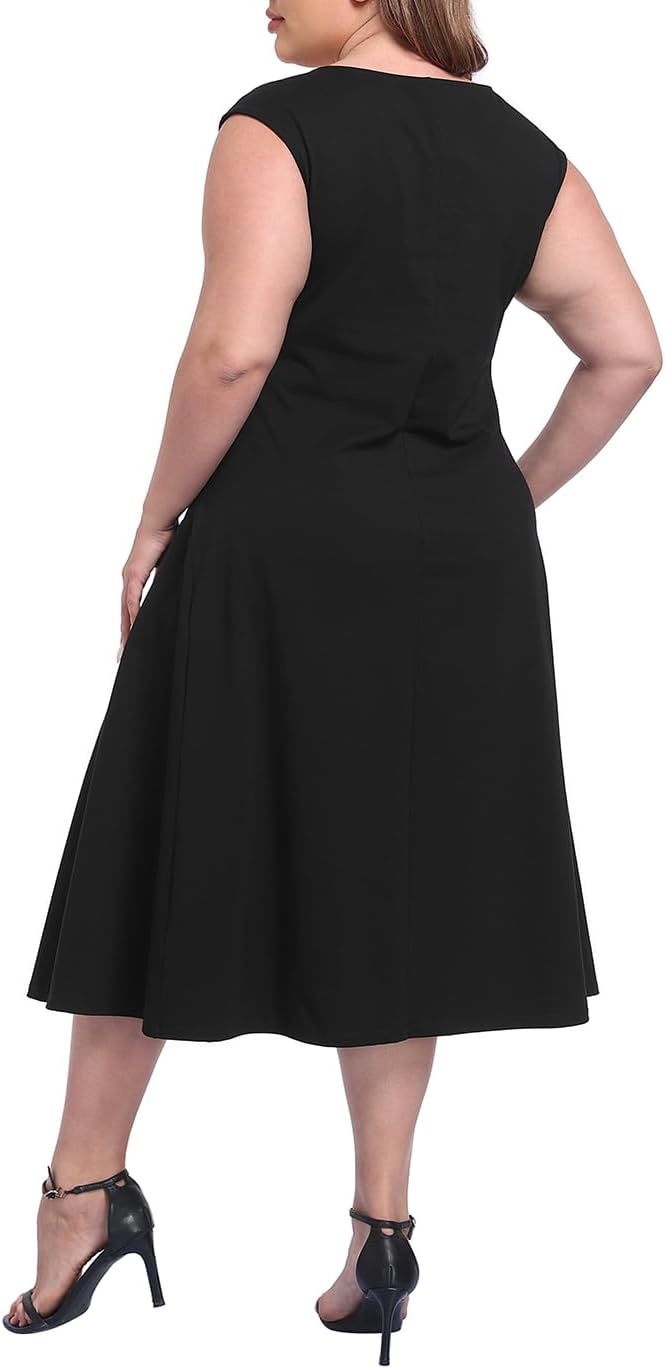 image:imageHDE Womens Plus Size Midi Summer Dress Fit and Flare Scoop Neck Cap Sleeve A Line Long Flowy Casual Vacation SundressesBlack