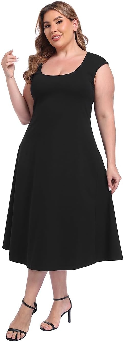 image:imageHDE Womens Plus Size Midi Summer Dress Fit and Flare Scoop Neck Cap Sleeve A Line Long Flowy Casual Vacation SundressesBlack