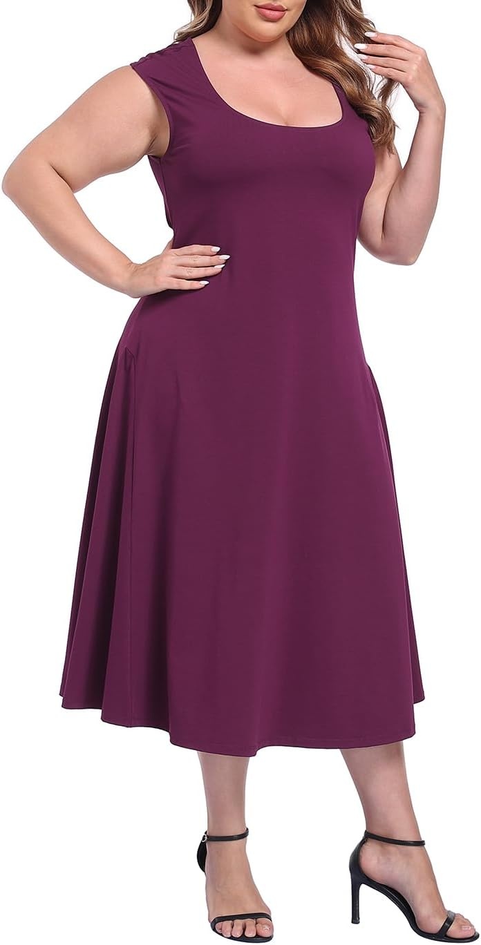image:imageHDE Womens Plus Size Midi Summer Dress Fit and Flare Scoop Neck Cap Sleeve A Line Long Flowy Casual Vacation SundressesBurgundy Purple