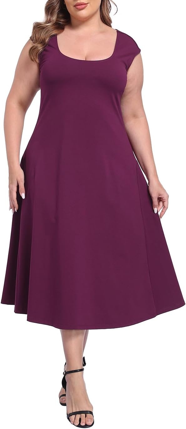 image:imageHDE Womens Plus Size Midi Summer Dress Fit and Flare Scoop Neck Cap Sleeve A Line Long Flowy Casual Vacation SundressesBurgundy Purple