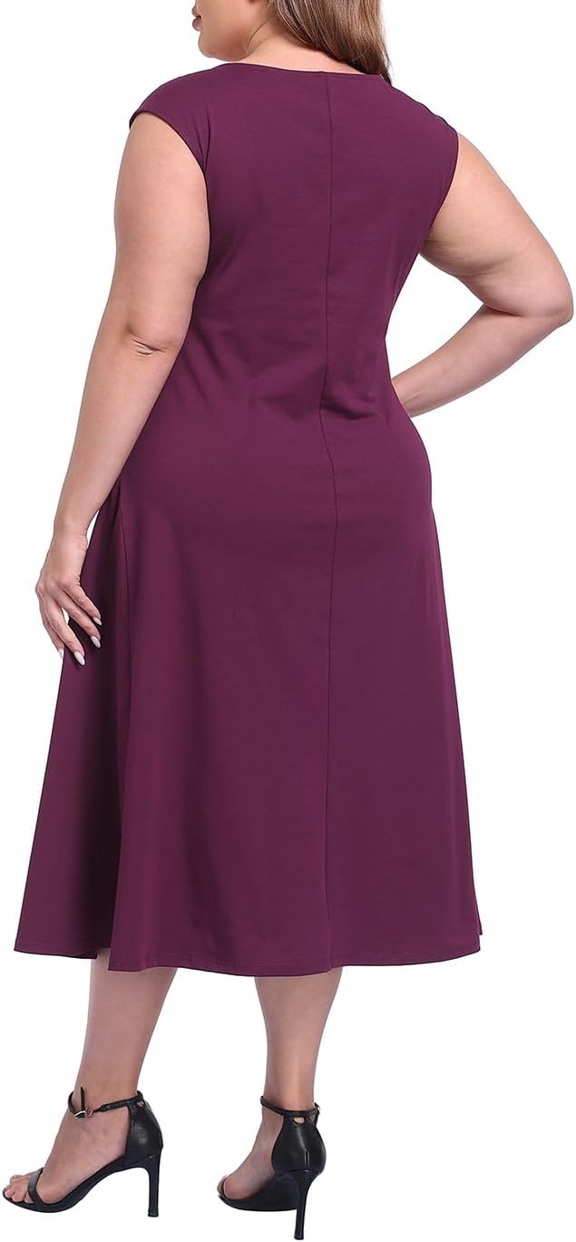 image:imageHDE Womens Plus Size Midi Summer Dress Fit and Flare Scoop Neck Cap Sleeve A Line Long Flowy Casual Vacation SundressesBurgundy Purple