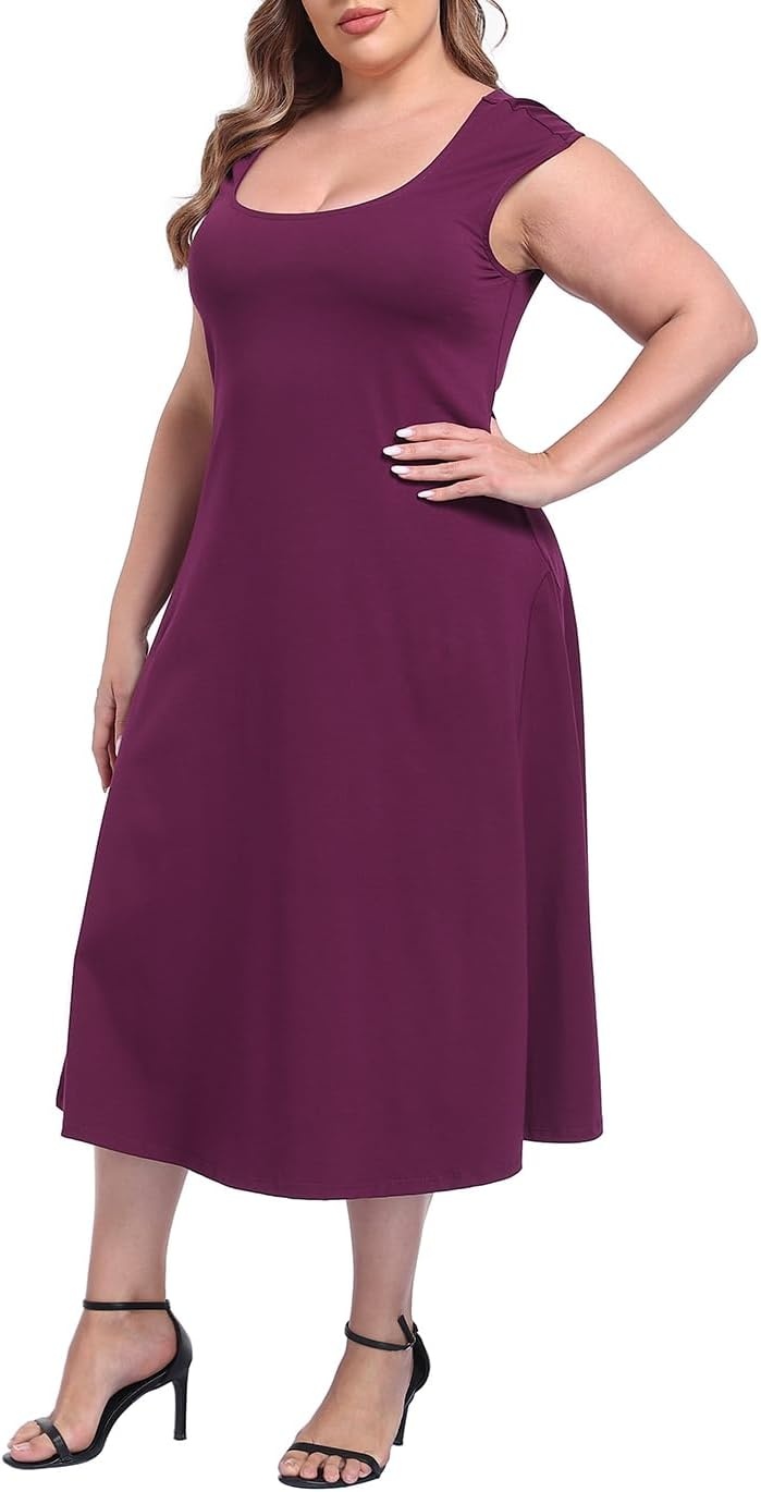 image:imageHDE Womens Plus Size Midi Summer Dress Fit and Flare Scoop Neck Cap Sleeve A Line Long Flowy Casual Vacation SundressesBurgundy Purple