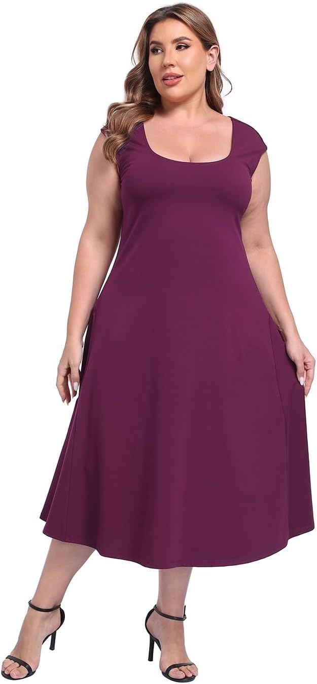 image:imageHDE Womens Plus Size Midi Summer Dress Fit and Flare Scoop Neck Cap Sleeve A Line Long Flowy Casual Vacation SundressesBurgundy Purple