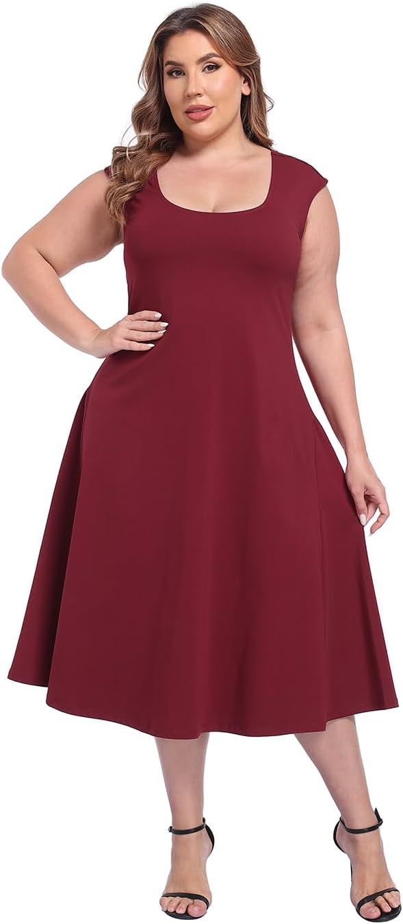 image:imageHDE Womens Plus Size Midi Summer Dress Fit and Flare Scoop Neck Cap Sleeve A Line Long Flowy Casual Vacation SundressesMaroon