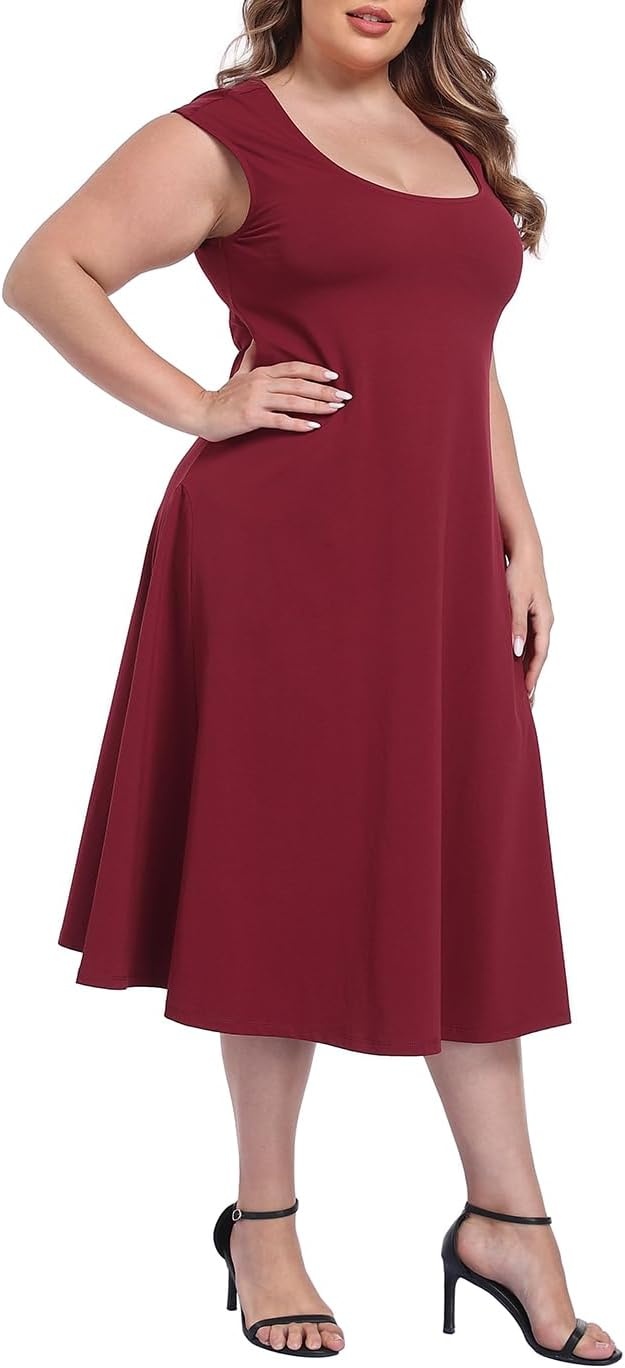 image:imageHDE Womens Plus Size Midi Summer Dress Fit and Flare Scoop Neck Cap Sleeve A Line Long Flowy Casual Vacation SundressesMaroon