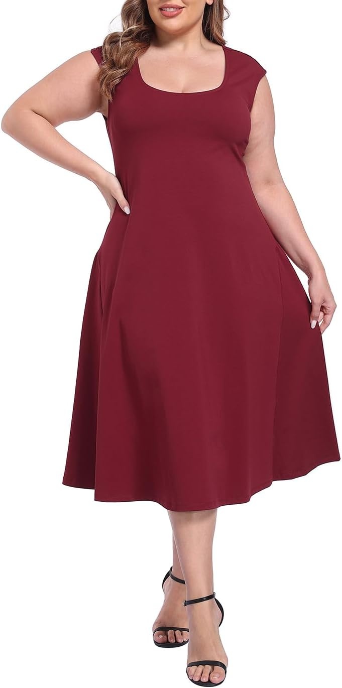 image:imageHDE Womens Plus Size Midi Summer Dress Fit and Flare Scoop Neck Cap Sleeve A Line Long Flowy Casual Vacation SundressesMaroon