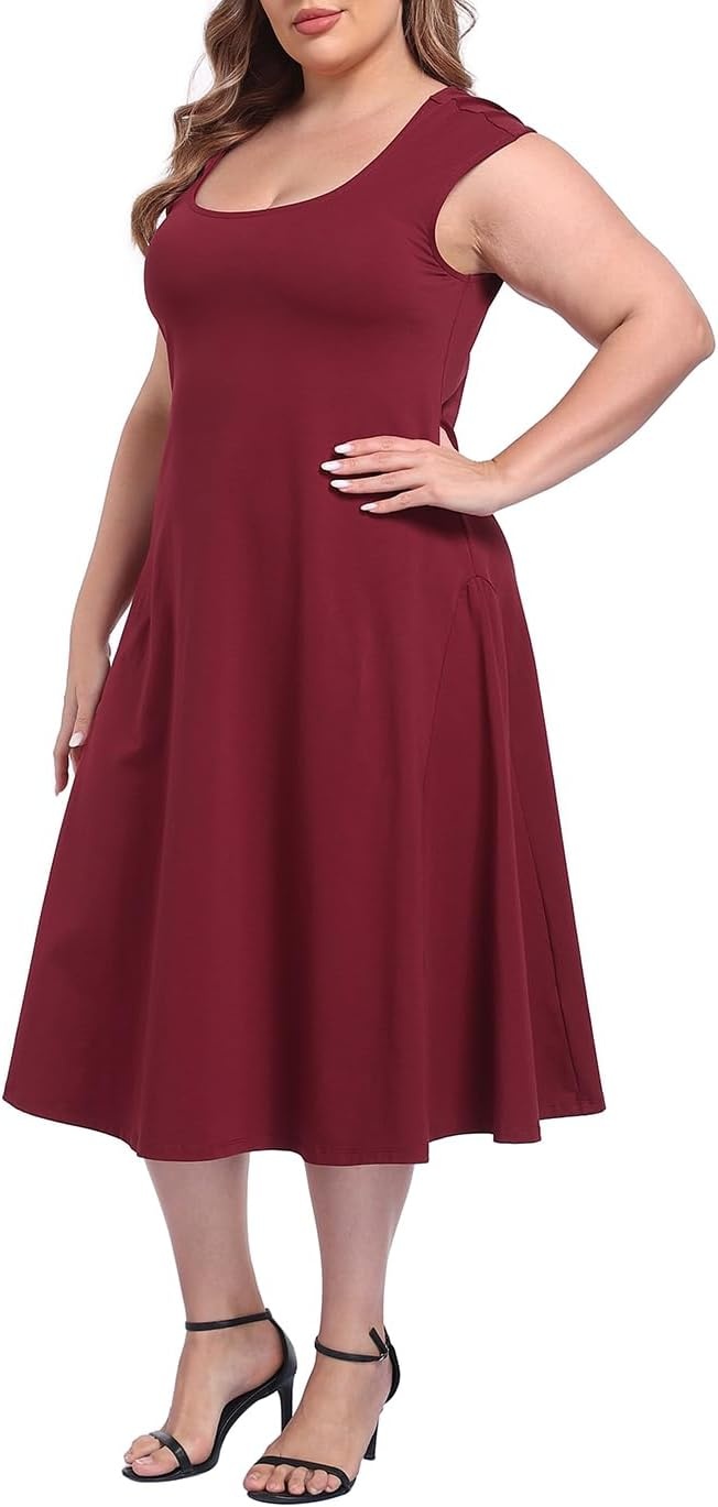 image:imageHDE Womens Plus Size Midi Summer Dress Fit and Flare Scoop Neck Cap Sleeve A Line Long Flowy Casual Vacation SundressesMaroon