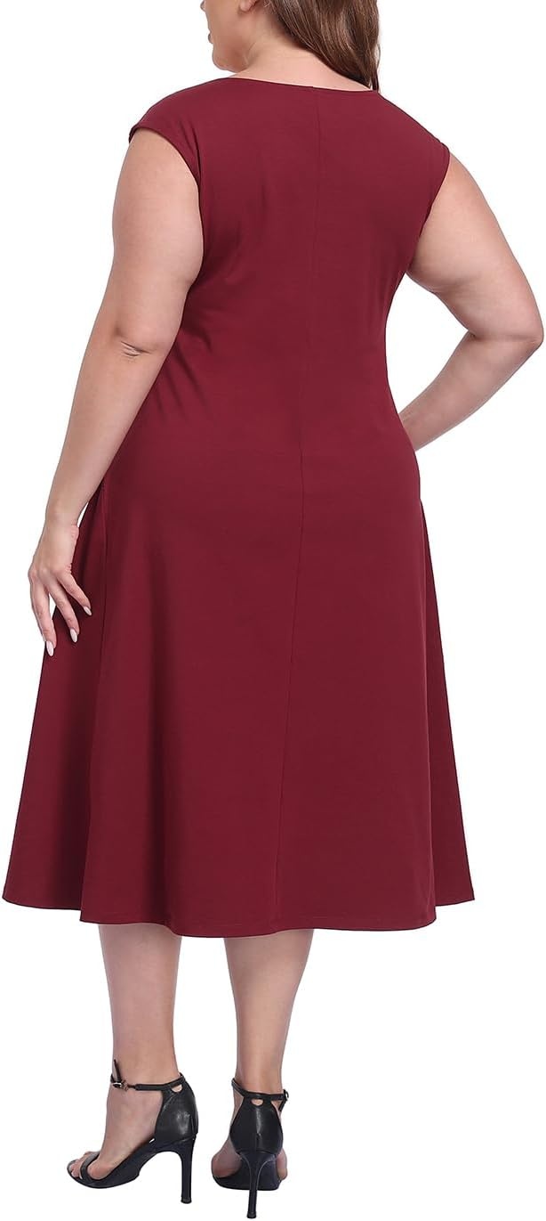 image:imageHDE Womens Plus Size Midi Summer Dress Fit and Flare Scoop Neck Cap Sleeve A Line Long Flowy Casual Vacation SundressesMaroon