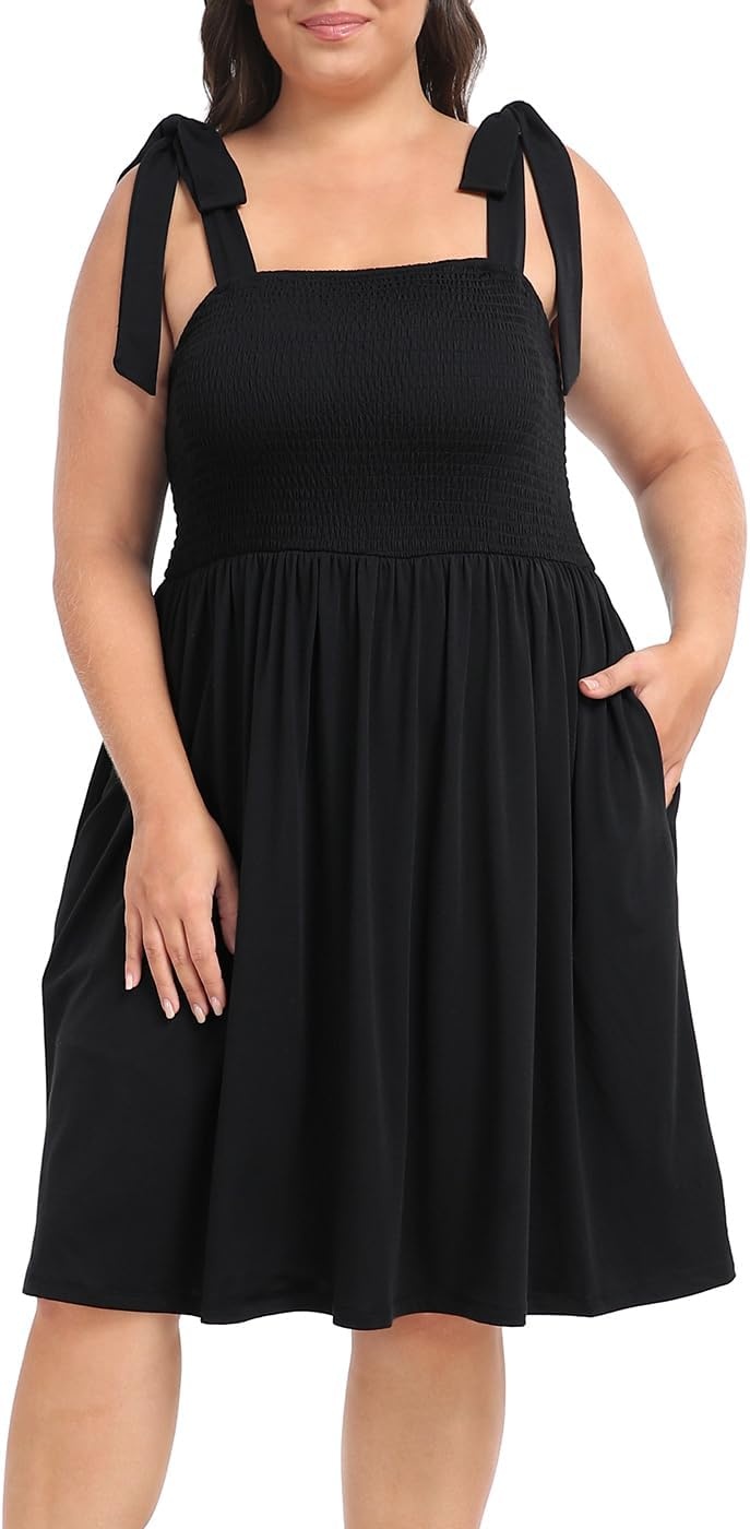 image:imageHDE Womens Plus Size Romper Dress with Built in Shorts amp Pockets Tie Strap DressBlack