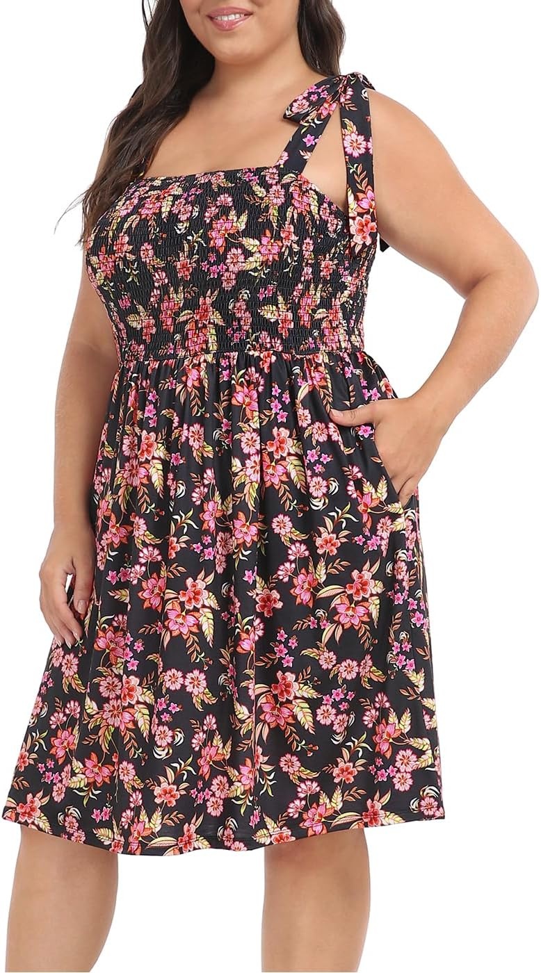 image:imageHDE Womens Plus Size Romper Dress with Built in Shorts amp Pockets Tie Strap DressBlack Boho Floral