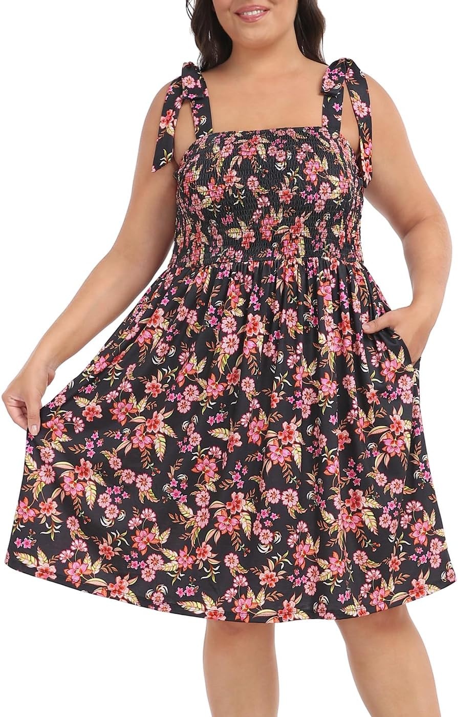 image:imageHDE Womens Plus Size Romper Dress with Built in Shorts amp Pockets Tie Strap DressBlack Boho Floral