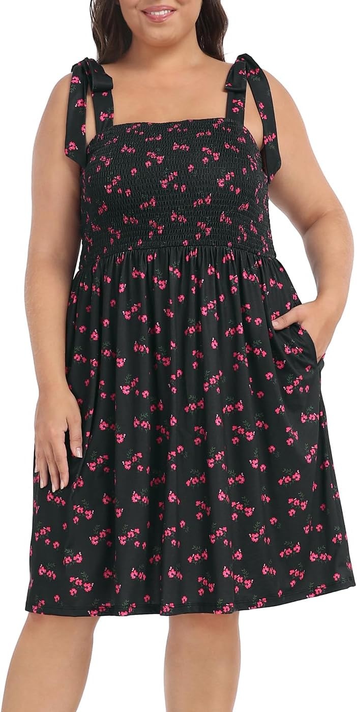 image:imageHDE Womens Plus Size Romper Dress with Built in Shorts amp Pockets Tie Strap DressBlack Ditsy Red Floral