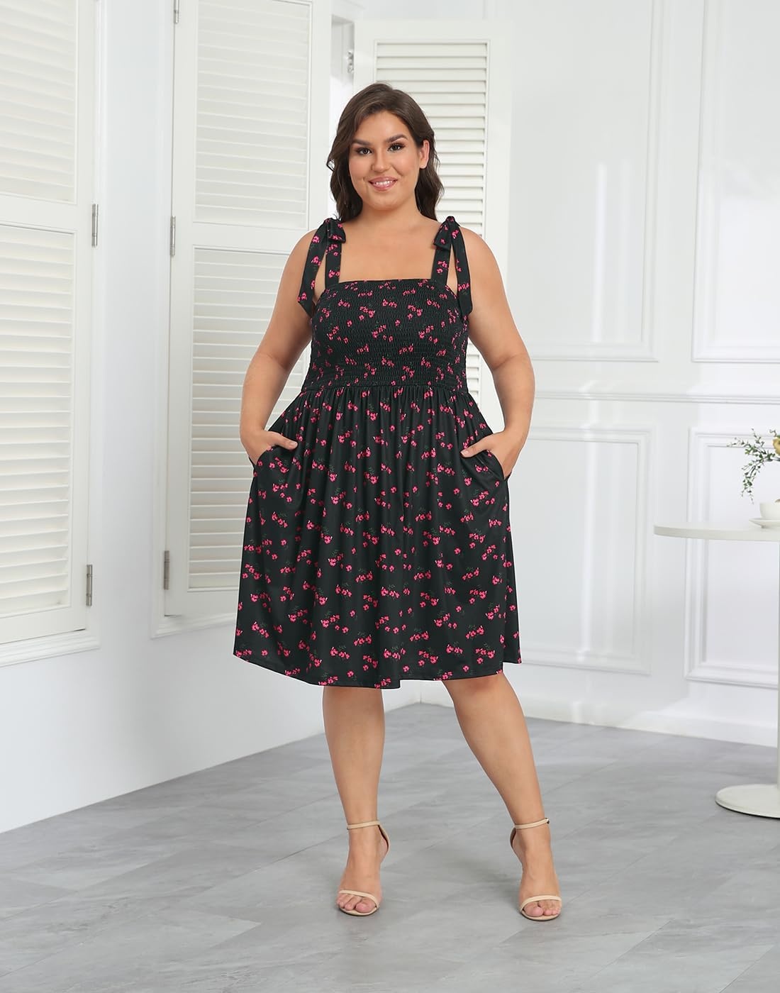 image:imageHDE Womens Plus Size Romper Dress with Built in Shorts amp Pockets Tie Strap DressBlack Ditsy Red Floral