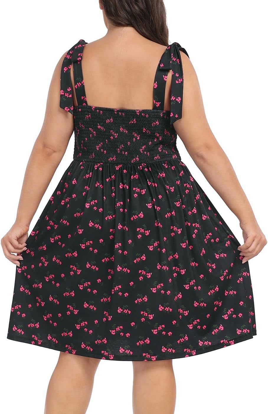 image:imageHDE Womens Plus Size Romper Dress with Built in Shorts amp Pockets Tie Strap DressBlack Ditsy Red Floral