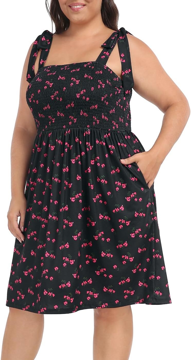 image:imageHDE Womens Plus Size Romper Dress with Built in Shorts amp Pockets Tie Strap DressBlack Ditsy Red Floral