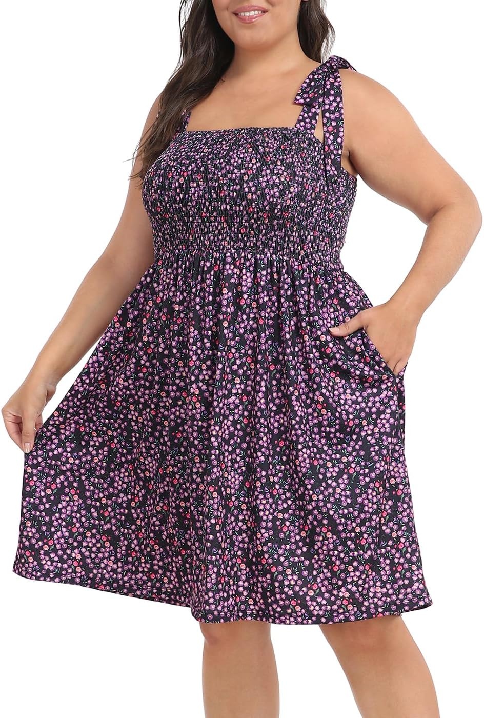 image:imageHDE Womens Plus Size Romper Dress with Built in Shorts amp Pockets Tie Strap DressBlack Watercolor Floral