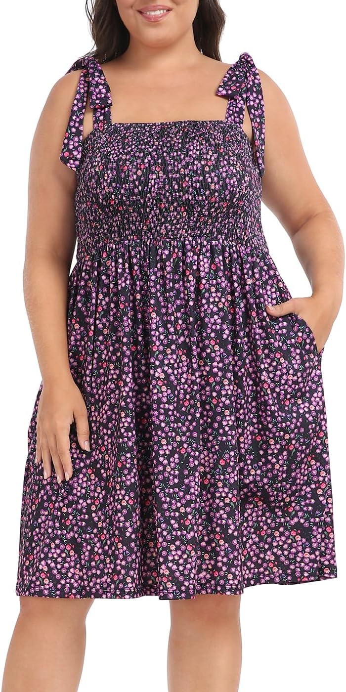 image:imageHDE Womens Plus Size Romper Dress with Built in Shorts amp Pockets Tie Strap DressBlack Watercolor Floral