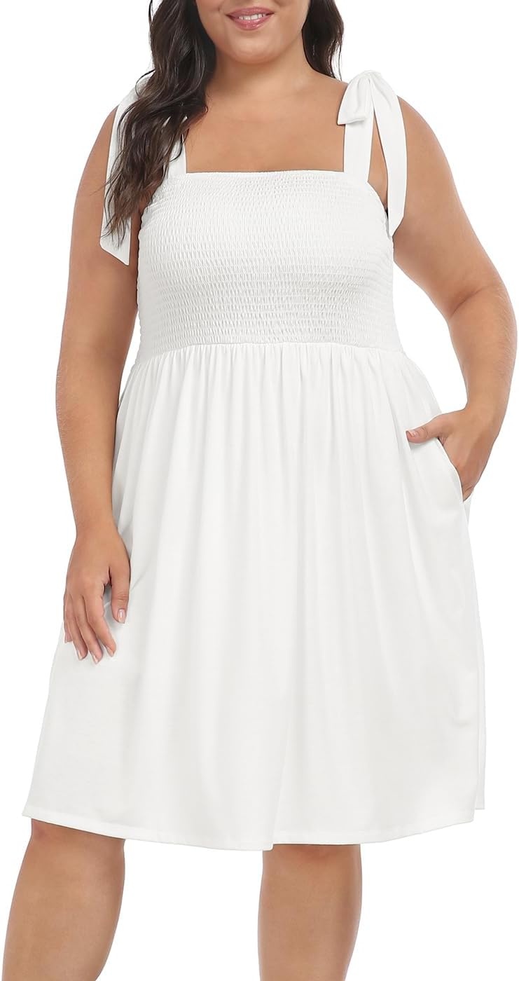 image:imageHDE Womens Plus Size Romper Dress with Built in Shorts amp Pockets Tie Strap DressWhite
