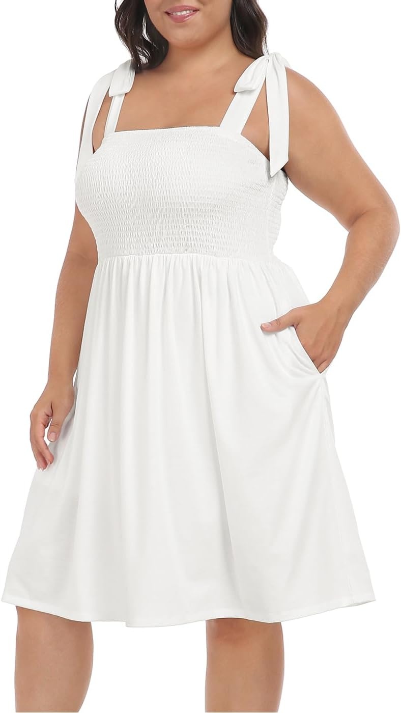 image:imageHDE Womens Plus Size Romper Dress with Built in Shorts amp Pockets Tie Strap DressWhite