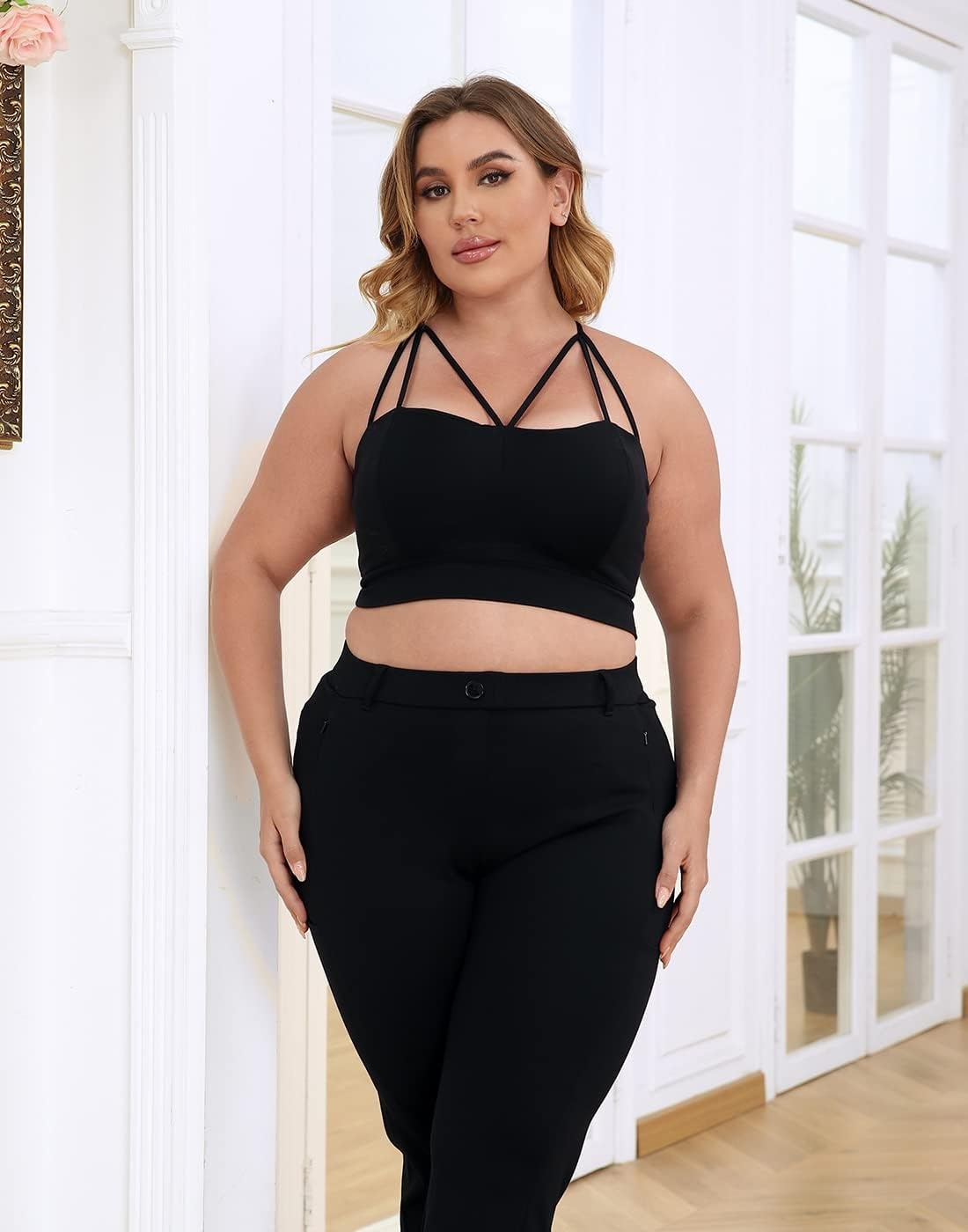 image:imageHDE Womens Plus Size Spaghetti Strap Cami Bralette Bustier Crop TopBlack