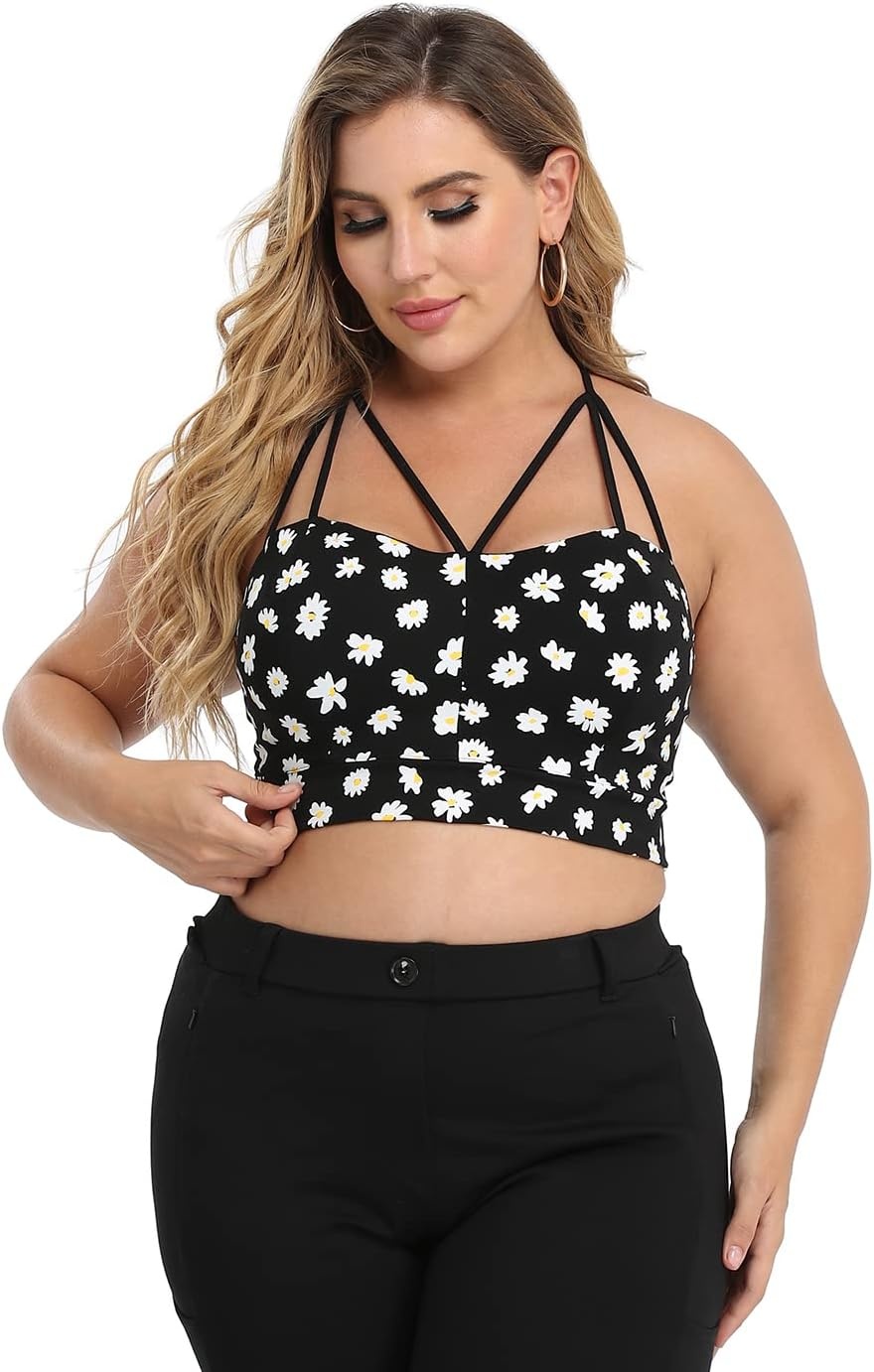 image:imageHDE Womens Plus Size Spaghetti Strap Cami Bralette Bustier Crop TopDaisy