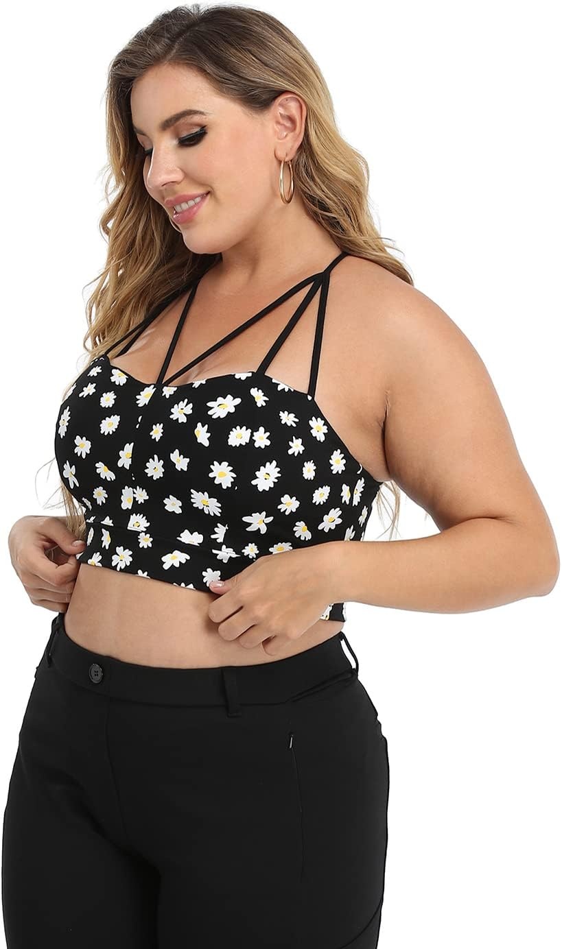 image:imageHDE Womens Plus Size Spaghetti Strap Cami Bralette Bustier Crop TopDaisy