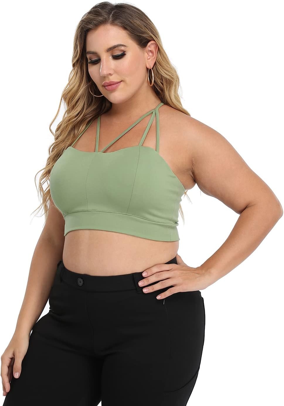 image:imageHDE Womens Plus Size Spaghetti Strap Cami Bralette Bustier Crop TopSage Green