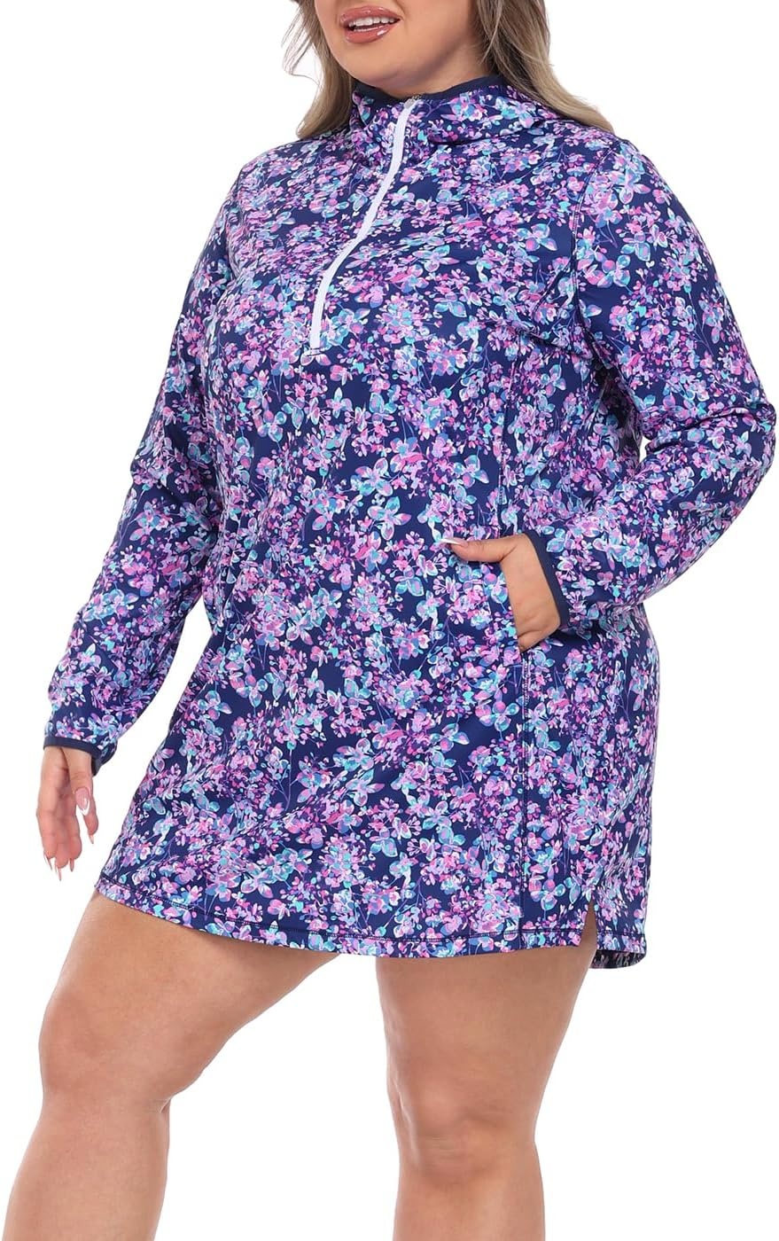 image:imageHDE Womens Plus Size Swim Coverup Dress with Hood UPF 50 Long Sleeve Cover UpBeachy Bloom