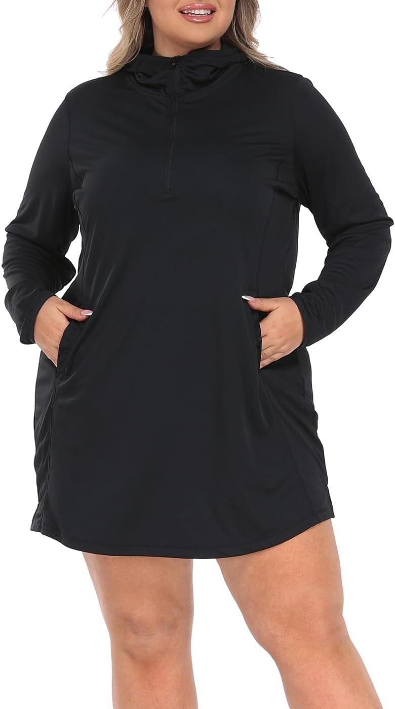 image:imageHDE Womens Plus Size Swim Coverup Dress with Hood UPF 50 Long Sleeve Cover UpBlack