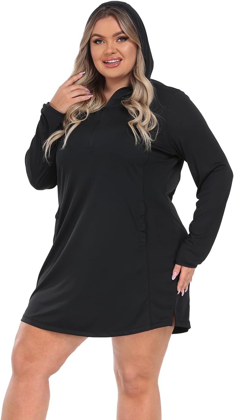 image:imageHDE Womens Plus Size Swim Coverup Dress with Hood UPF 50 Long Sleeve Cover UpBlack