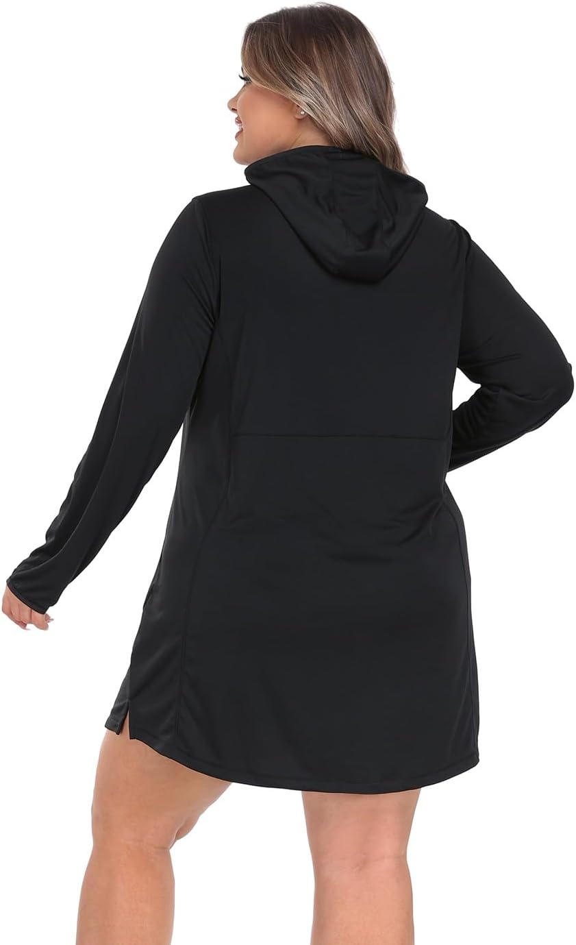 image:imageHDE Womens Plus Size Swim Coverup Dress with Hood UPF 50 Long Sleeve Cover UpBlack