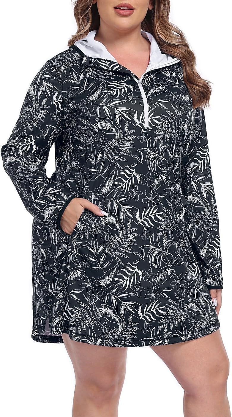 image:imageHDE Womens Plus Size Swim Coverup Dress with Hood UPF 50 Long Sleeve Cover UpBlack Tropical Floral