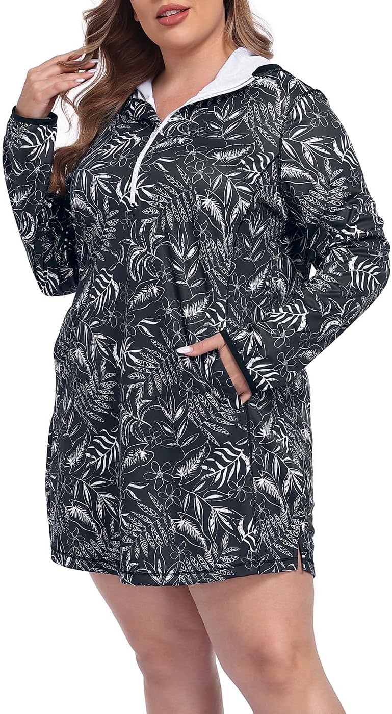 image:imageHDE Womens Plus Size Swim Coverup Dress with Hood UPF 50 Long Sleeve Cover UpBlack Tropical Floral