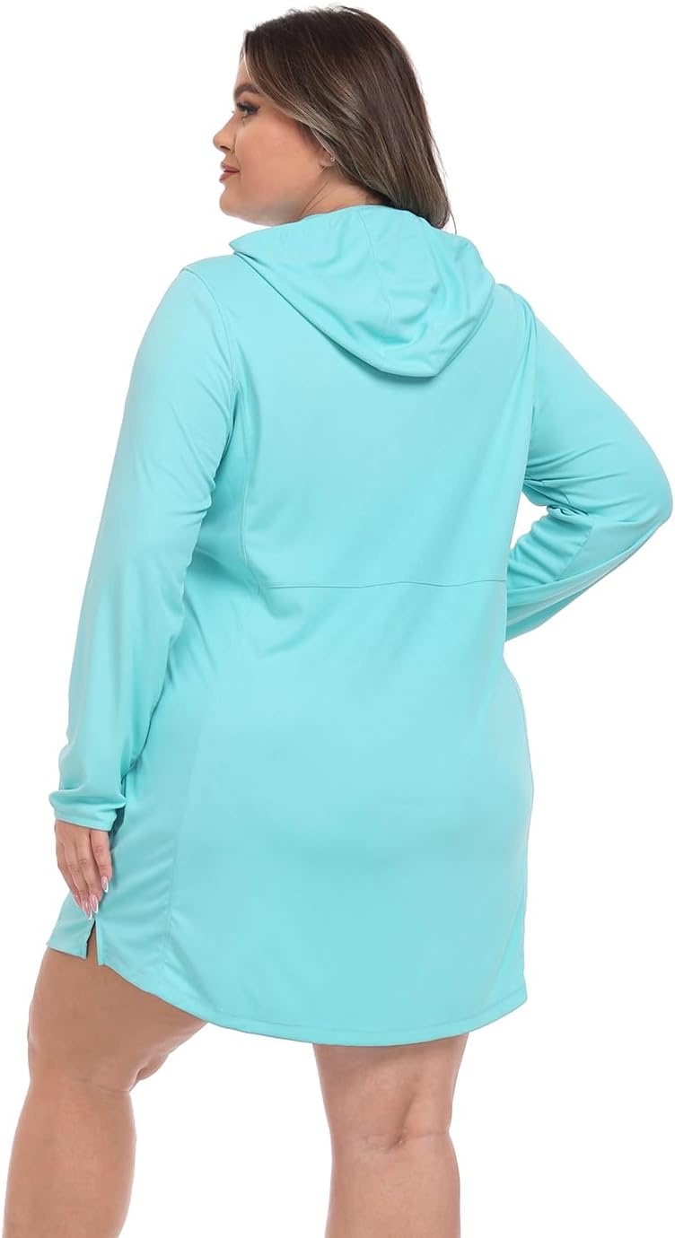 image:imageHDE Womens Plus Size Swim Coverup Dress with Hood UPF 50 Long Sleeve Cover UpBlue