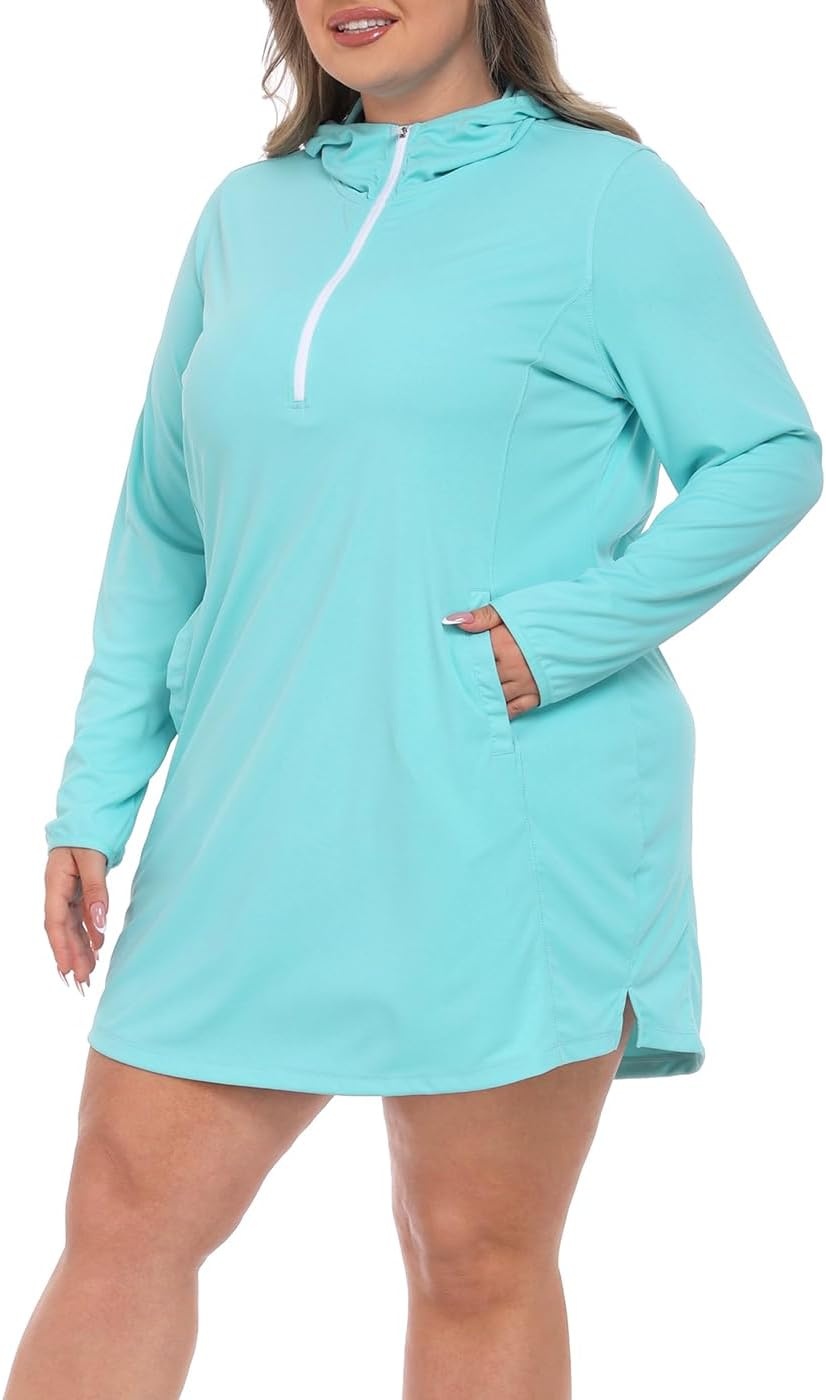 image:imageHDE Womens Plus Size Swim Coverup Dress with Hood UPF 50 Long Sleeve Cover UpBlue