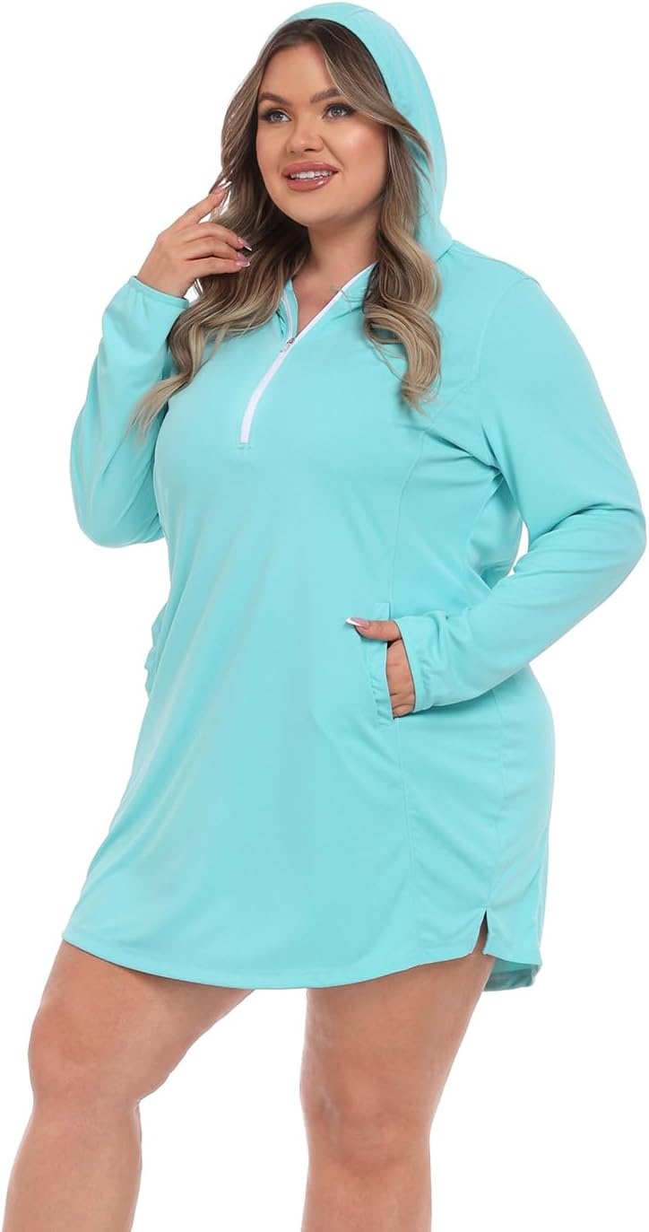 image:imageHDE Womens Plus Size Swim Coverup Dress with Hood UPF 50 Long Sleeve Cover UpBlue