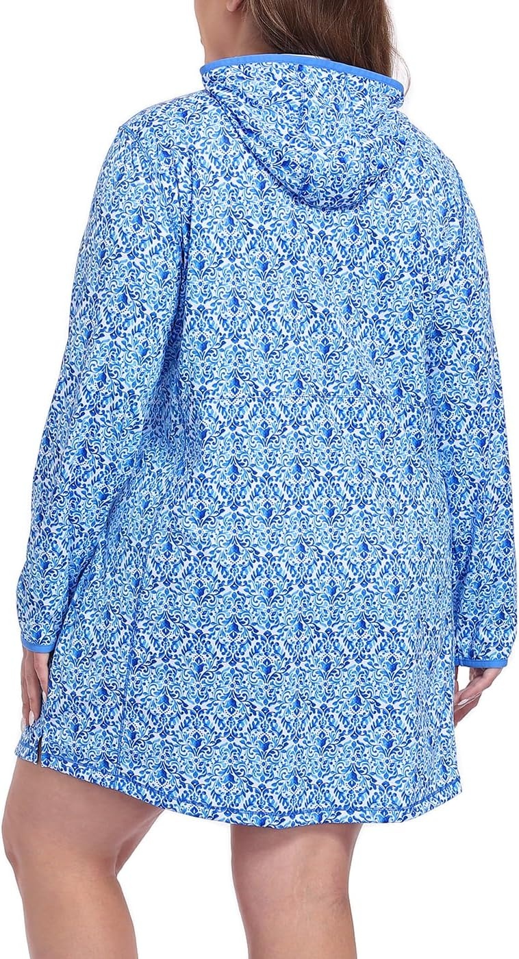 image:imageHDE Womens Plus Size Swim Coverup Dress with Hood UPF 50 Long Sleeve Cover UpBlue Watercolor Damask